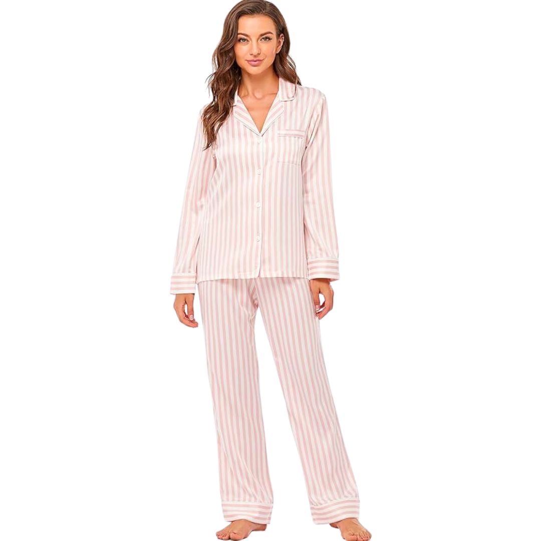 pink striped women's satin pajama set - amazon